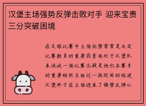 汉堡主场强势反弹击败对手 迎来宝贵三分突破困境