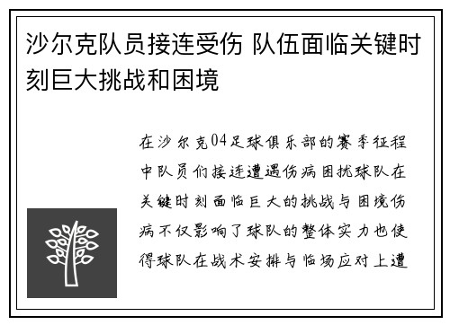 沙尔克队员接连受伤 队伍面临关键时刻巨大挑战和困境
