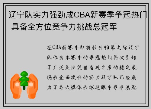 辽宁队实力强劲成CBA新赛季争冠热门 具备全方位竞争力挑战总冠军