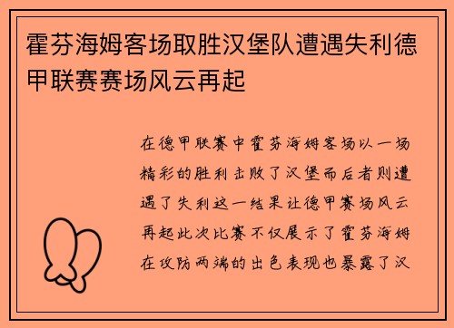 霍芬海姆客场取胜汉堡队遭遇失利德甲联赛赛场风云再起