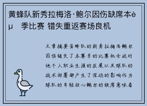 黄蜂队新秀拉梅洛·鲍尔因伤缺席本赛季比赛 错失重返赛场良机