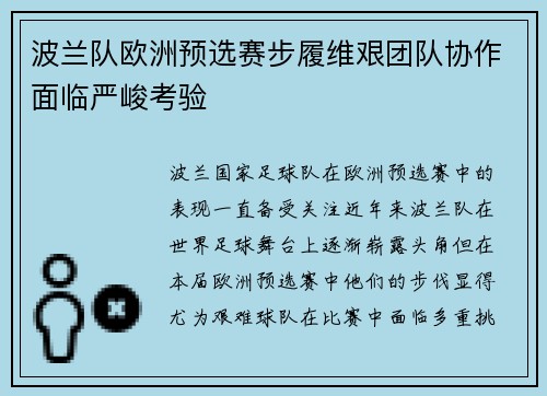 波兰队欧洲预选赛步履维艰团队协作面临严峻考验